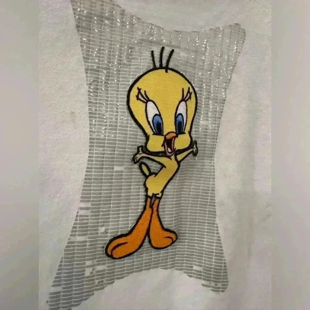 Vintage 1993 Looney Tunes Tweety Sweatshirt Sequin Patch White Unisex Loungewear - Picture 2 of 16